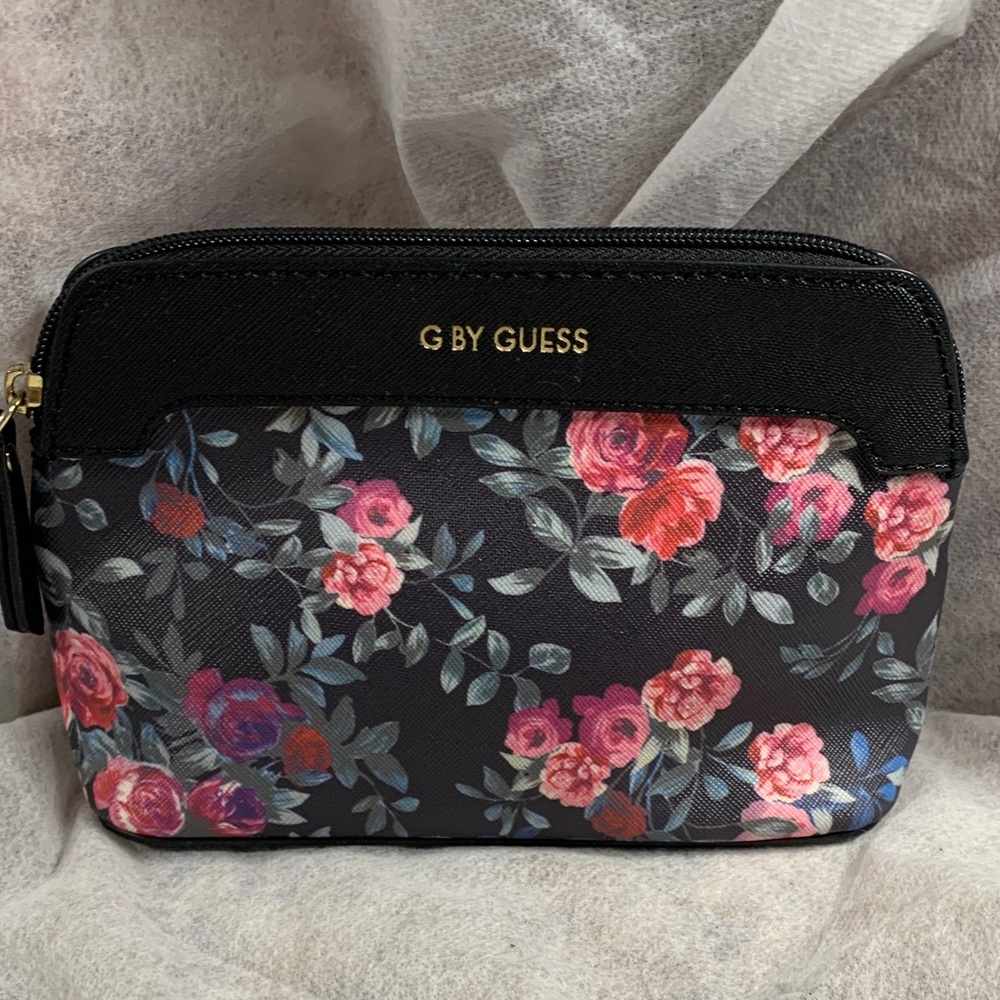 G by Guess (7”) Black/Pink Floral Cosmetic Bag/Pouch